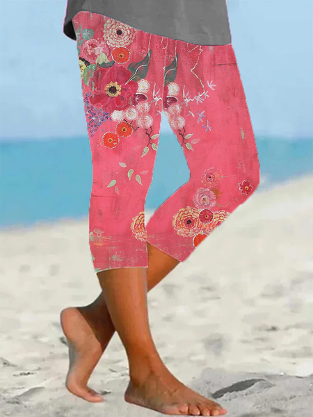 

Women's Floral Capris Elastic Waist Pant Casual Summer Trousers, As picture, Leggings