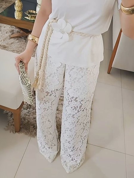 

Casual Plain Wide Leg Pants, White, Pants