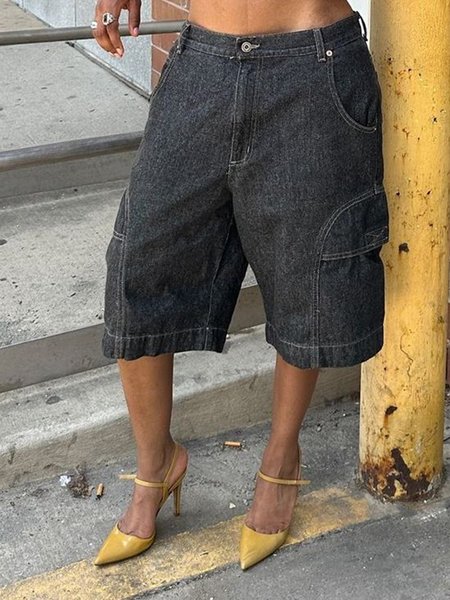 

Casual Plain Loose Denim Shorts, Black, Denim Shorts