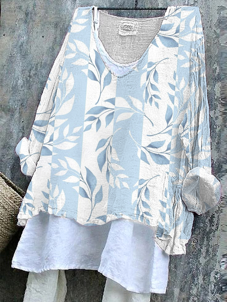 

V Neck Long Sleeve Striped Printing Regular Micro-Elasticity Loose Graphic Tee Blouse_ For Women, Blue, Blouses