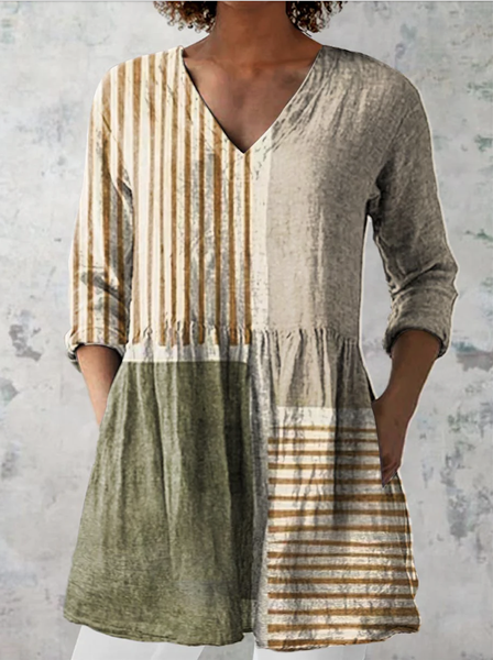 

Casual Geometric V Neck Long Sleeve T-shirt, Apricot, T-shirts