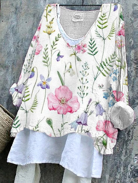 

Women's Long Sleeve Blouse_ Spring/Fall White Floral Printing V Neck Daily Going Out Casual Top, Blouses & Shirts