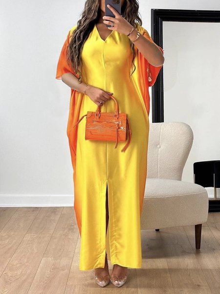 

Urban Ombre Raglan Sleeve Printing V Neck Maxi Dress, Yellow, Maxi Dresses