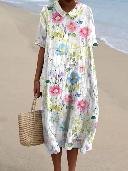 Regular Fit Floral Casual Cotton Dress With No Belt, White, Maxi Dresses