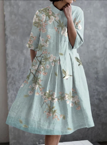 

Women Floral Shirt Collar Half Sleeve Comfy Casual Maxi Dress, Lightgreen, Midi