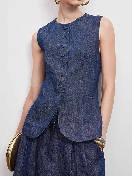 

Linen Casual Plain Crew Neck Vest, Denim blue, Tank Tops & Camis