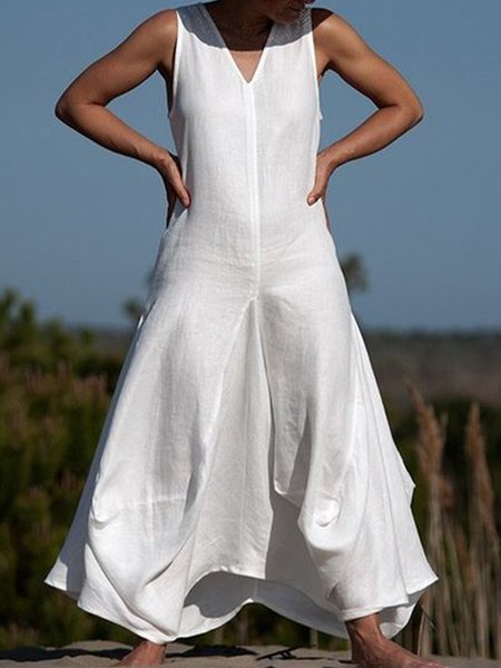 Vacation Plain Irregular Craftsmanship Cotton V Neck Maxi Dress, White, Maxi Dresses