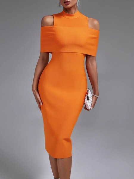 

Elegant Plain Off Shoulder Sleeve Hollow Out Stand Collar Midi Dress, Orange, Midi Dresses