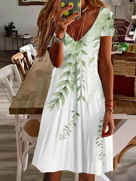 

Women's Floral Short Sleeve Summer Printing Dress V Neck Daily Casual Knee Length T-Shirt Dress H-Line Dress, White, Casual Dresses