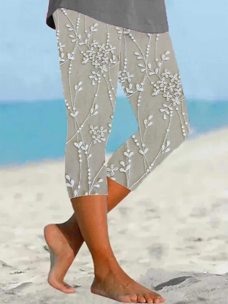 

Women's Floral Capris Elastic Waist Pant Casual Summer Trousers, As picture, Leggings