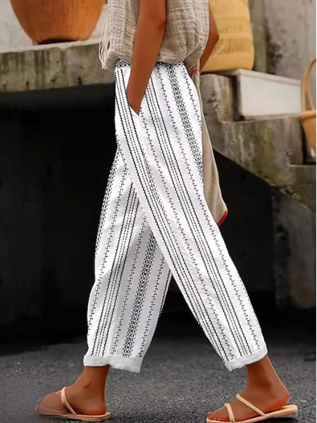 

Casual Simple Geometric Cotton Pattern Pants, White, Pants
