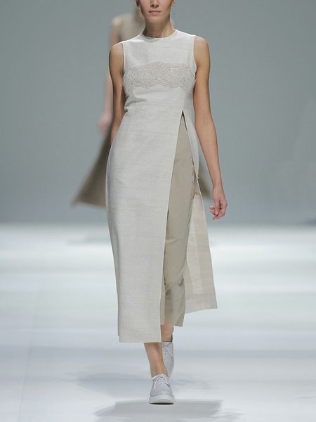 Cotton And Linen Casual Side-Slit Crew Neck Tank Top, As picture, Tanks and Camis
