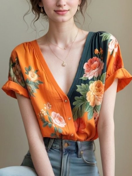 

Casual Floral Printing V Neck Loosen Shirt, Orange, Blouses and Shirts