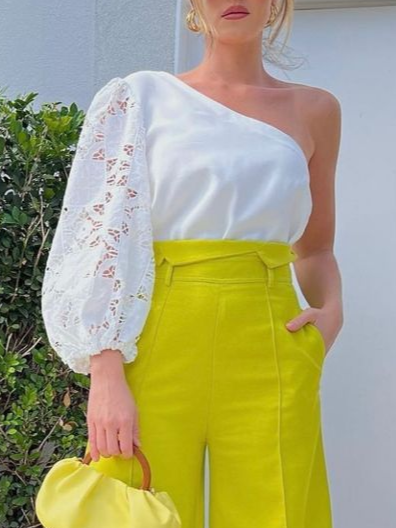 Cotton And Linen Urban Plain Split Joint One Shoulder Blouse, White, Blouses and Shirts