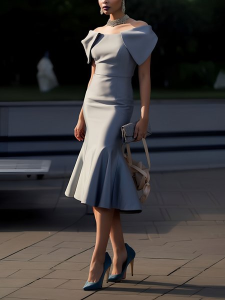 

Elegant Plain Cold Shoulder Midi Party Dress, Gray, Midi Dresses