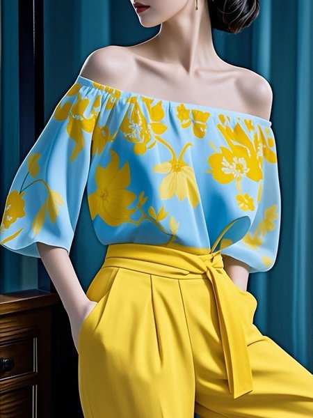 

Vacation Floral Printing Off The Shoulder Blouse, As picture, Blouses and Shirts