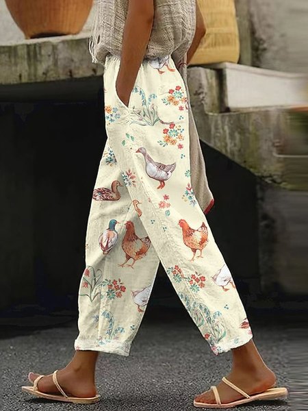 

Women Casual Animal Easter Long Pant, White, Pants