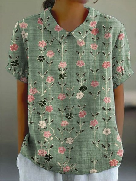 

Women Floral Casual Cotton Blouse, Green, Blouses