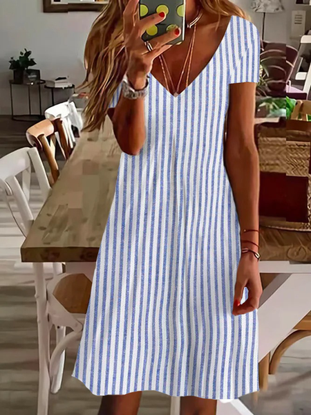 Women's Striped Spring Print Casual V-Neck Short Sleeve Dress, Blue, Maxi Dresses