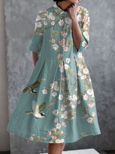

Women Floral Shirt Collar Half Sleeve Comfy Casual Maxi Dress, Lightgreen, Midi