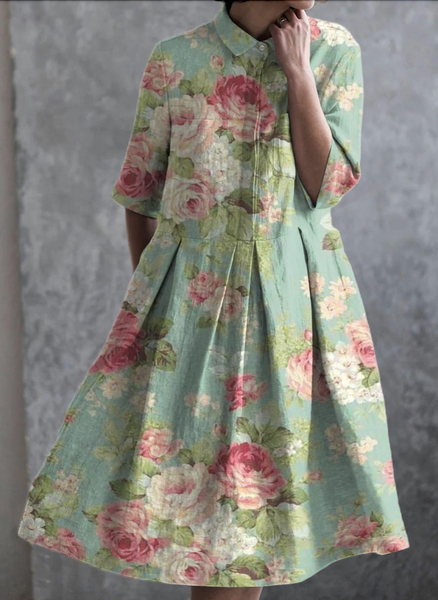 

Women Floral Shirt Collar Half Sleeve Comfy Casual Maxi Dress, Green, Midi
