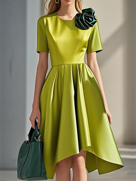 

Elegant Plain Crew Neck Knee Length Dress, As picture, Midi Dresses