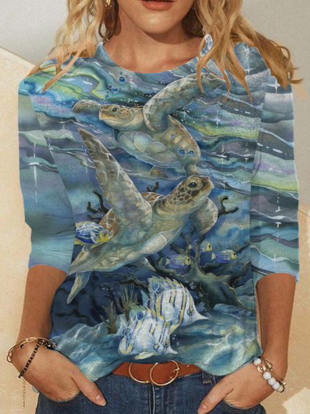 

Women's Turtle Art Print Casual Long Sleeve Shirt, As picture, T-shirts