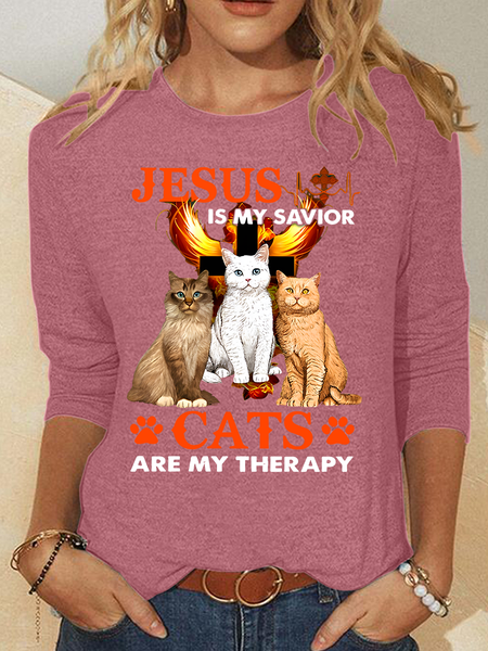 

Jesus Is My Savior Cats Are My Therapy Casual Long Sleeve Shirt, Watermelon, Long sleeves