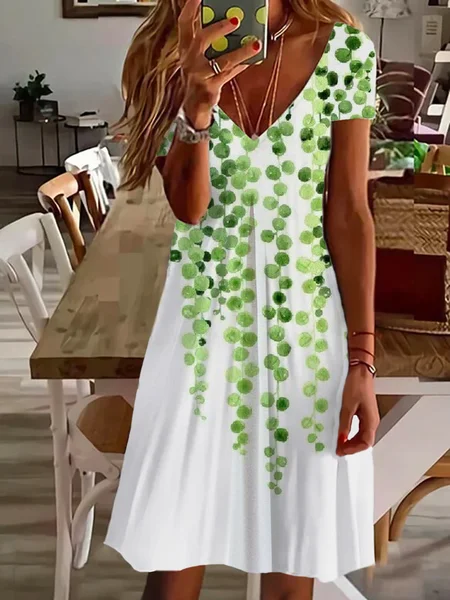 

Women's Floral Spring Print Casual V-Neck Short Sleeve Dress, White, Dresses