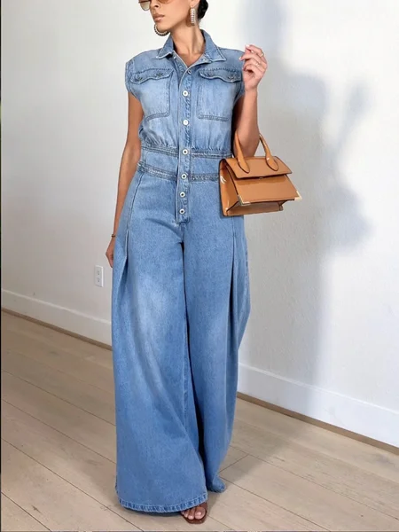 

Casual Pockets Plain Shawl Collar Denim Jumpsuit, As picture, Jumpsuits