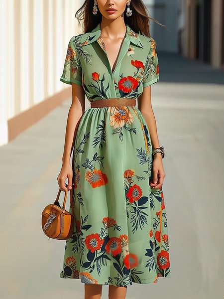 

Elegant Floral Printing Shirt Collar Midi Dress No Belt, Green, Maxi Dresses