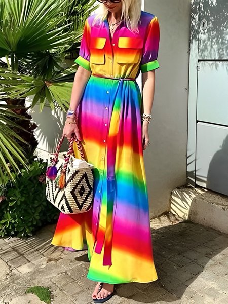 

Vacation Ombre Shirt Collar Maxi Dress With Belt, As picture, Maxi Dresses