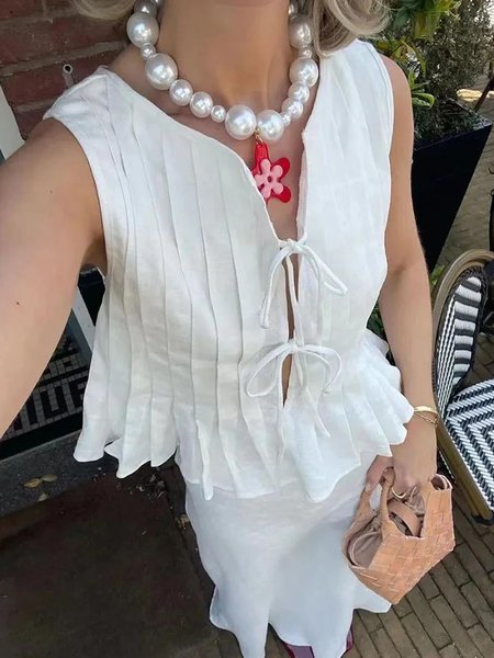 

Casual Plain Pleated Tank Top, White, Tanks and Camis