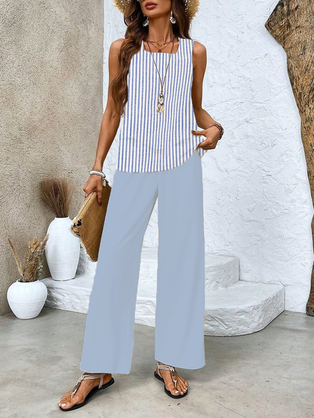

Women's Striped Printing Two-Piece Set Daily Sleeveless Casual Summer Top With Pants Matching Set, Blue, Suit Set