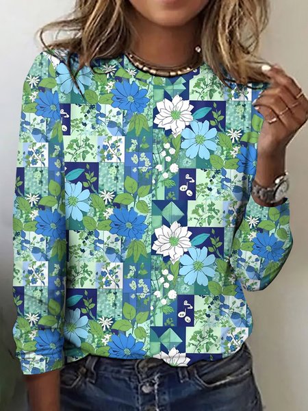 

Casual Floral Crew Neck Long Sleeve T-shirt, Light blue, T-shirts