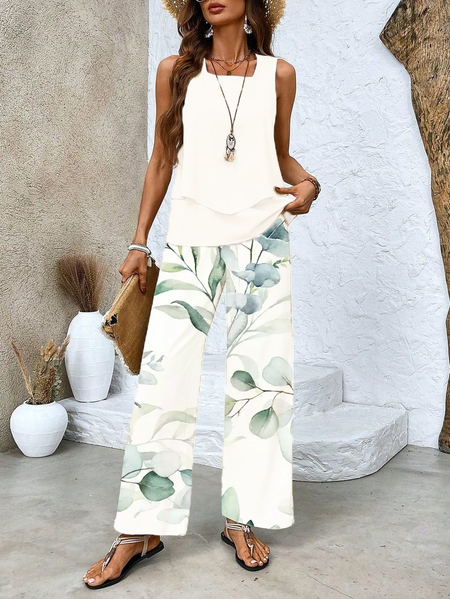 

Women's Floral Printing Two-Piece Set Daily Sleeveless Casual Summer Top With Pants Matching Set, White, Suit Set