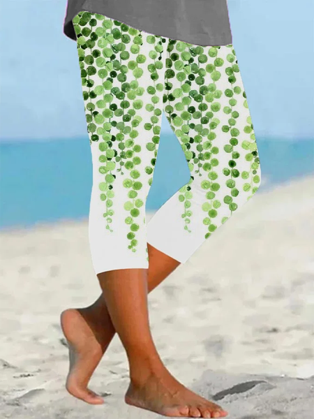 

Women's Floral Capris Elastic Waist Pant Casual Summer Trousers, Green, Leggings