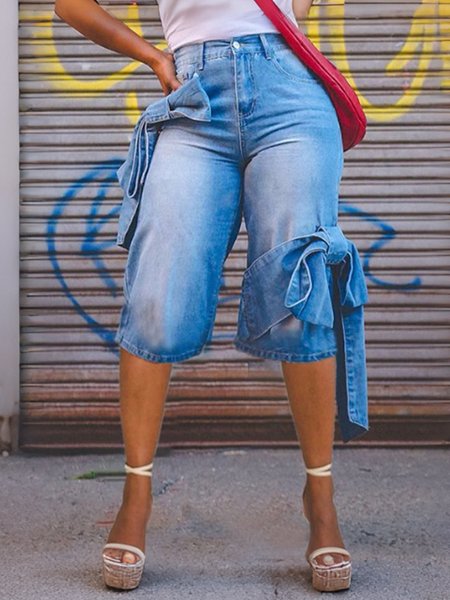 

Plain Daily Casual Bow Denim Capris, Blue, Denim Shorts