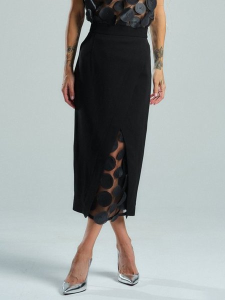 Urban Split Joint Plain Side-Slit Midi Skirt, Black, Skirts