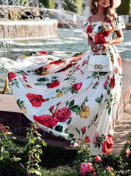 

Elegant Floral Printing Off The Shoulder Maxi Dress, As picture, Maxi Dresses