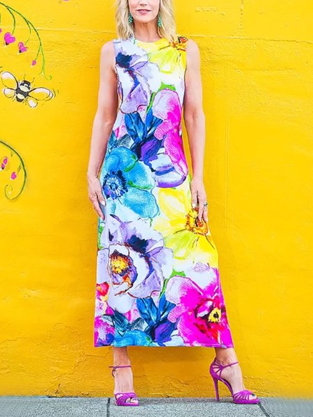 

Vacation Floral Printing Crew Neck Midi Dress, As picture, Maxi Dresses