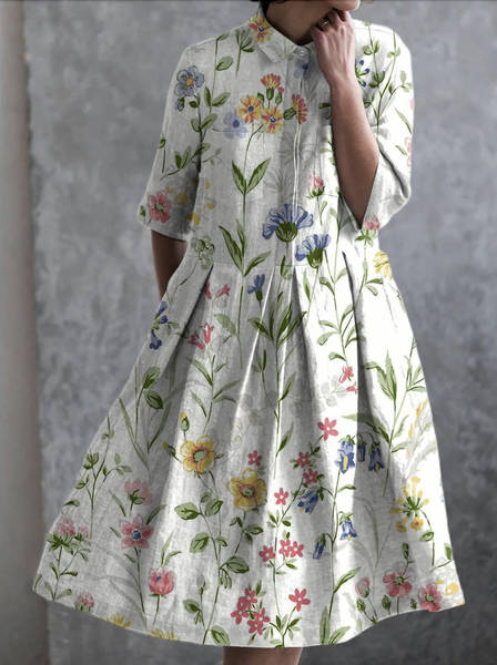 

Women Floral Shirt Collar Half Sleeve Comfy Casual Maxi Dress, Off white, Midi