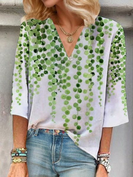 

Women's Floral Three Quarter Sleeve Blouse Spring/Fall Printing V Neck Daily Casual Top, White, Blouses