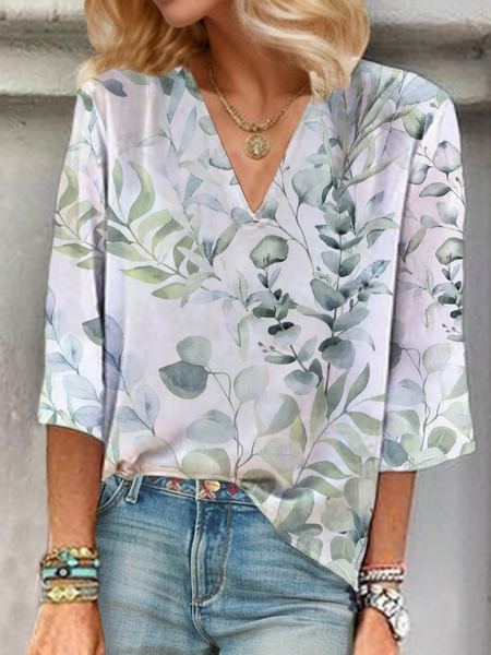 

Women's Floral Three Quarter Sleeve Blouse Spring/Fall Printing V Neck Daily Casual Top, White, Blouses