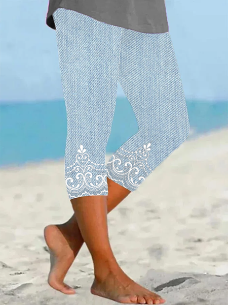 

Women's Floral Spring Print Casual Faux Denim Leggings, Blue, Pants