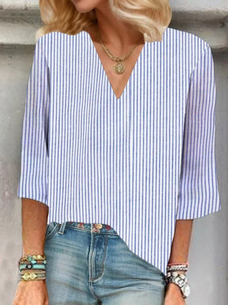 

Women's Striped Three Quarter Sleeve Blouse Spring/Fall Printing V Neck Daily Casual Top, Blue, Blouses