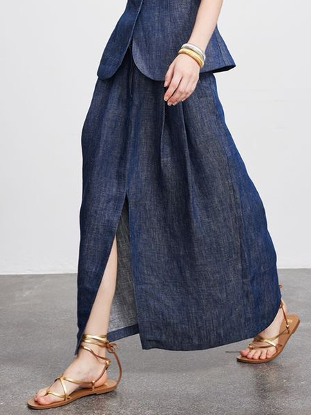 

Linen Urban Pocket Stitching Plain Maxi Skirt, Denim blue, Skirts