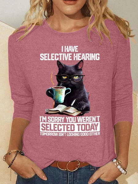Funny Selective Hearing Cat Casual Long Sleeve Shirt, Watermelon, Long sleeves