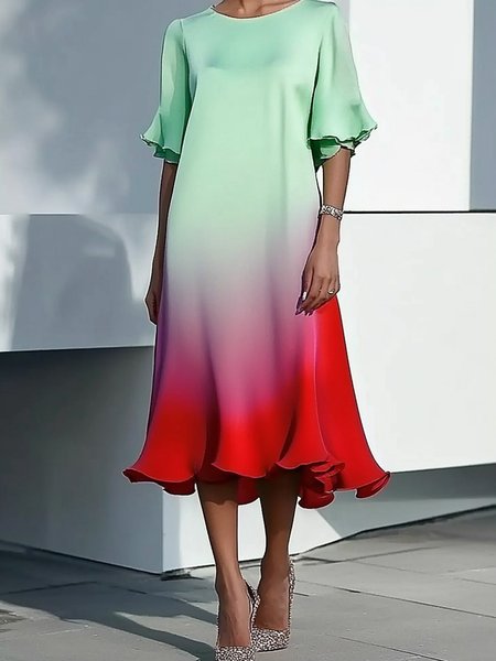

Urban Ombre Printing Crew Neck Midi Dress, As picture, Maxi Dresses