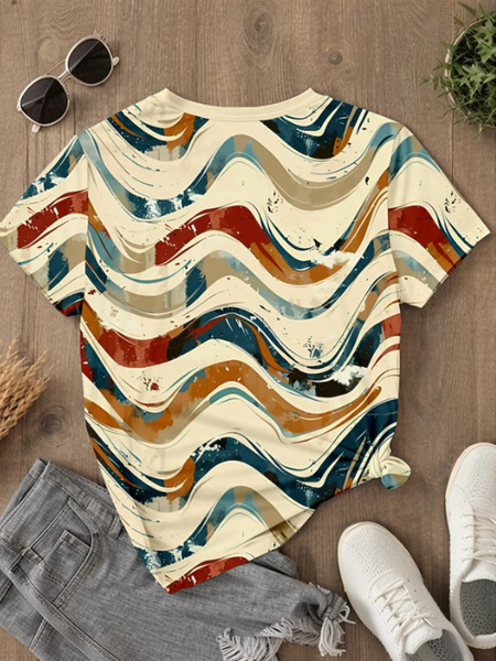 

Vintage Colorful Line Pattern Crew Neck T-Shirt, White, T-shirts